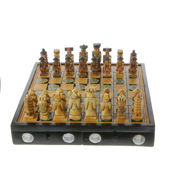 Hand Painted Marble Chess Set Wooden Box: Excellent Piece; Mother of Pearl; Compass Rose Design; largest pieces 3"; marble playing surface 12"