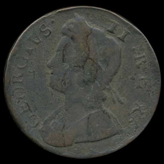 1730 US Colonial British Geo II 1/2p VF/F details: Scarce 300 year old better grades with porosity