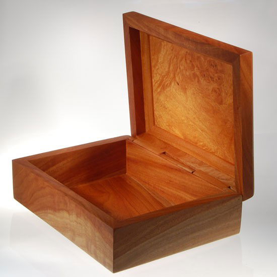 Inlaid Burl Box Handmade of Rare Afzelia Wood: Nice Craftsmanship, 10" X 8" X 3"