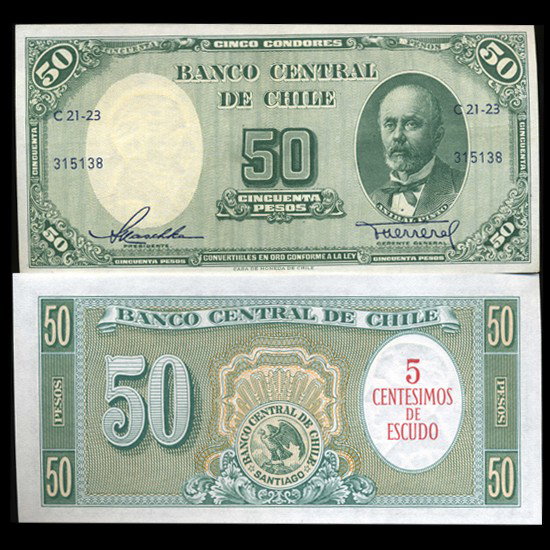 1960 Chile 5 Cent Over 50 Peso Crisp Unc Note: Scarce high grade issue