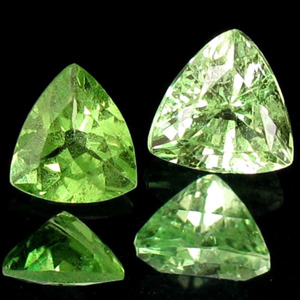 1.6ct Yellow Grn Tsavorite Garnet Appraised $11k: Excellent yellow green colored parcel 2 pieces trillion cut; lab quality evaluation 8; treatment as noted; Gem Guide wholesale $1610-$2415; full retail appraisal $10868; full lab evaluation available