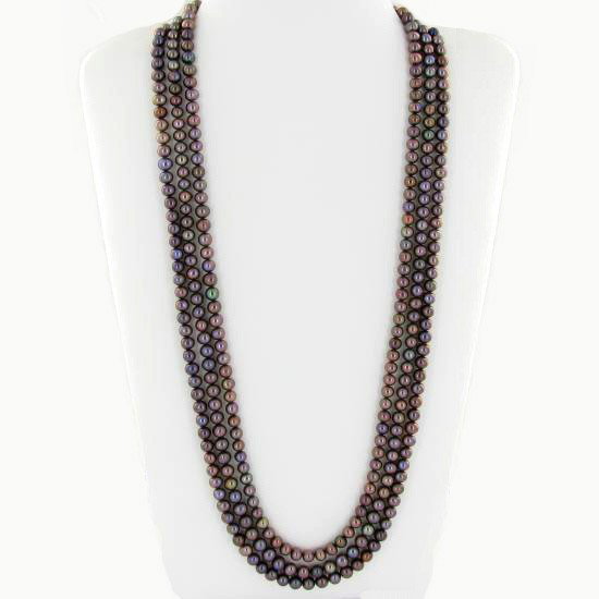 Black Saltwater Pearl Three Strand Necklace: Excellent black saltwater pearls; uniformly sized (6.5mm); 330 count; 75" (25" 3 strands);