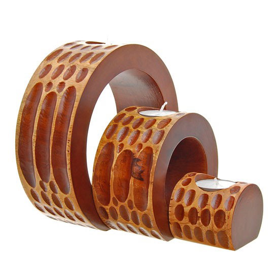 Hand Carved Mango Wood Nested Candle Holder: Excellent hand carved piece nested set of 3, 7",