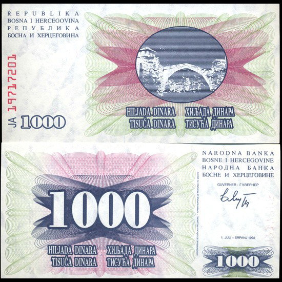 1993 Bosnia 1000 Dinara Note Crisp Unc: Scarce crisp unc high denomination