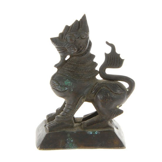 Antique Thai Singh Bronze Opium Weight: Excellent rare antique bronze piece; well crafted with lots of hand-tooled detail; 430 grams; 3.5"
