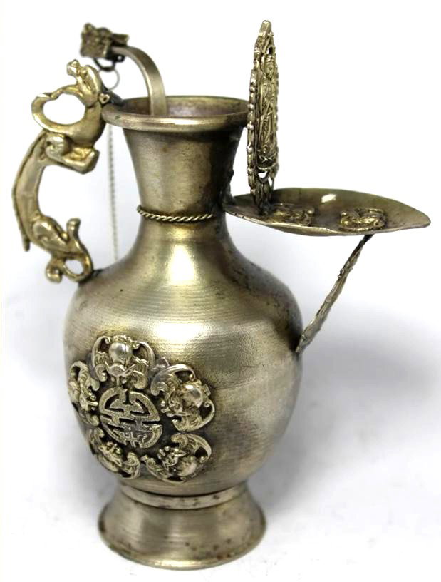 Chinese White Copper Dragon Bat Kwan Yin Oil Pot: Excellent well crafted piece; 6"