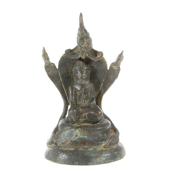 Antique Brass Thai Lanna Buddha Naga: Excellent museum quality late 1800s Lanna Thai bronze Buddha under serpent (naga); 9"
