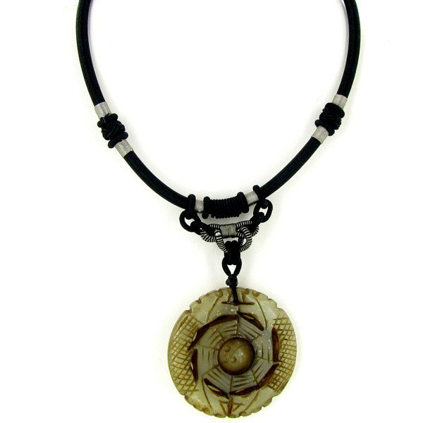 Chinese Jade Bi Pendant Choker Necklace 125cts: Excellent hand carved vintage piece; 2"