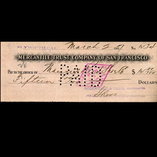 1894 Merchantile Trust San Fran Cashiers Check: Rare 1907 original bank cashiers check with excellent cut-thru paid cancellation