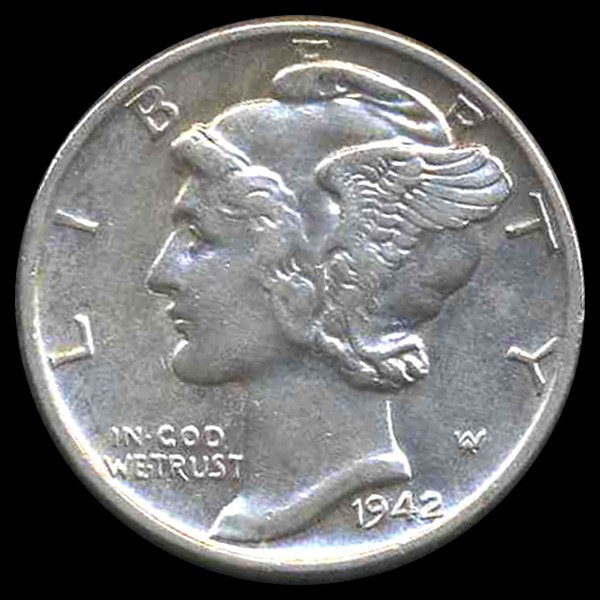 1942 Mercury Dime Choice AU ERROR: Scarce choice piece with doubled profile