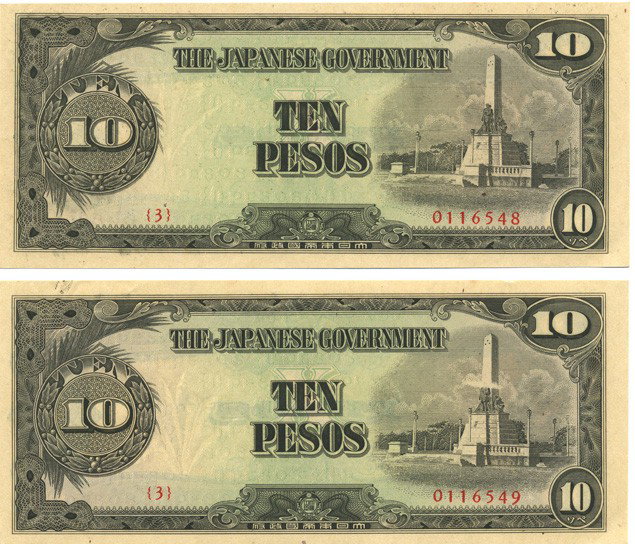 1944 WW2 Japanese Occupation 10 Pesos pair: Scarce pair of Philippines Japanese invasion money 10 peso with sequential serial numbers; crisp uncirculated condition; WW2 antique
