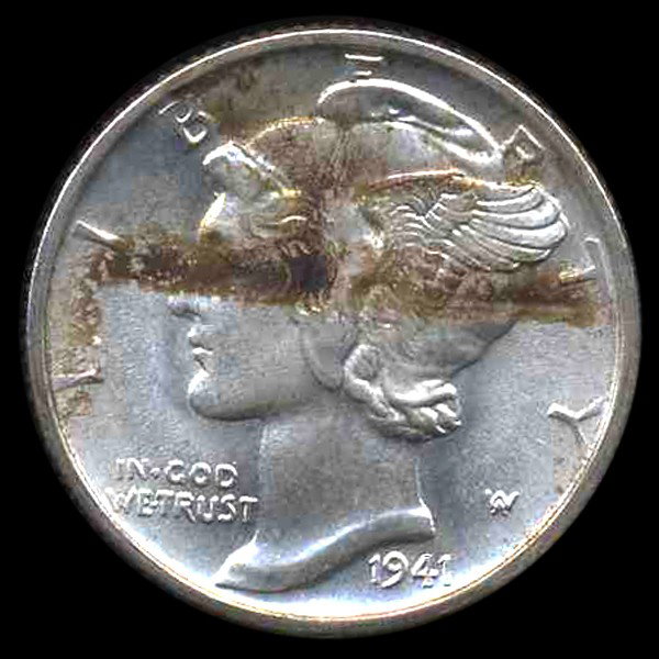 1941S Mercury Dime Gem MS66 ERROR: Scarce gem piece with rim cud