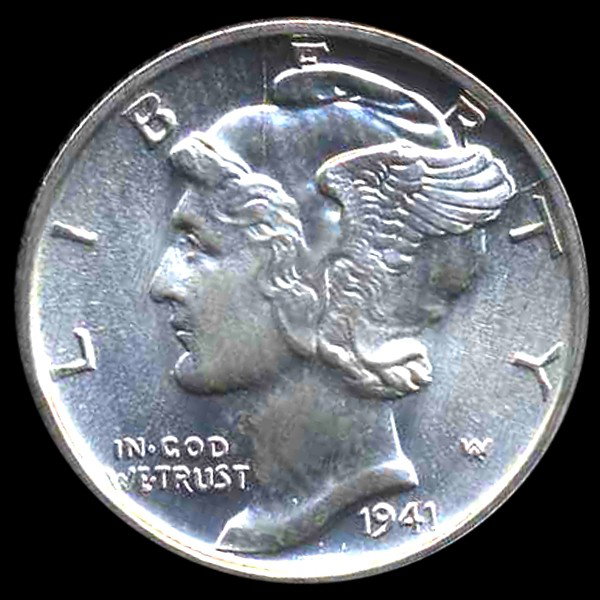 1941S Mercury Dime Gem MS67 ERROR: Scarce gem piece with speared head error