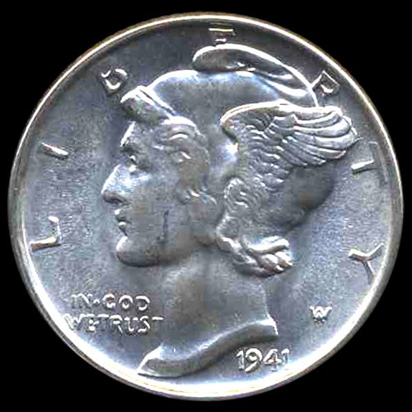1941S Mercury Dime Gem MS66 ERROR: Scarce gem piece with speared head error