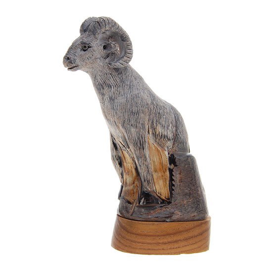 Water Buffalo Horn Scrimshaw Ram RARE: Excellent piece; finely carved Thai WATERBUFFSCRIM in ram image on RARE water buffalo horn; 7";