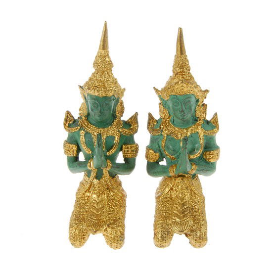 Male & Female Bronze Gilded Temple Guards: Solid bronze; heavily gilded; 4.5"
