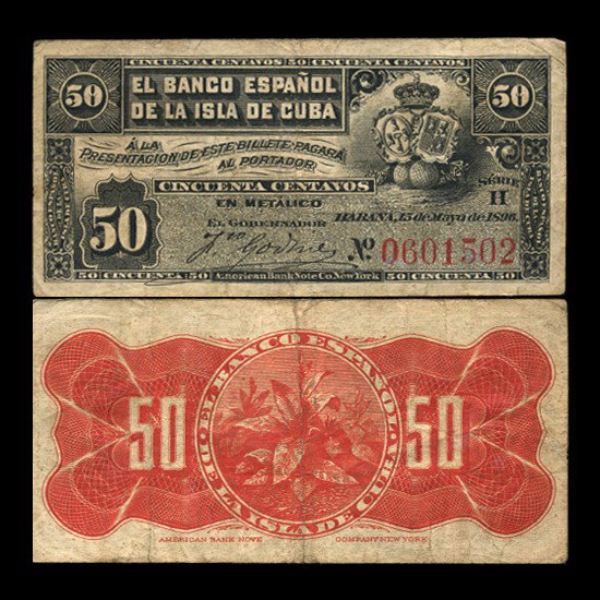 1896 Cuba 50 Centavos Note Better Grade: Scarce better grade issue