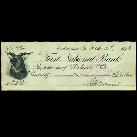 1896 FNB Catawissa PA Cashiers Check: Rare 1895 original bank cashiers check with excellent printed moose design