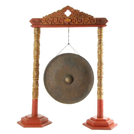 Antique Large Burma Bronze Gong Wood Stand: Excellent museum quality Burmese bronze gong in painted hardwood (likely rosewood) painted; gilded and mirrored stand. Large piece; "57x68"x21" overall; gong 30" and 40 lbs.