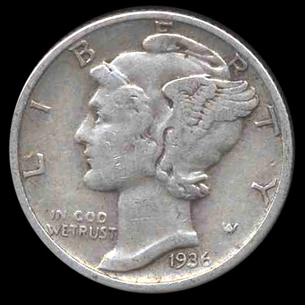 1936D Mercury Dime Hi Grade ERROR: Nicevf/xf with wildly tilted mintmark; 0.07234 ounces silver