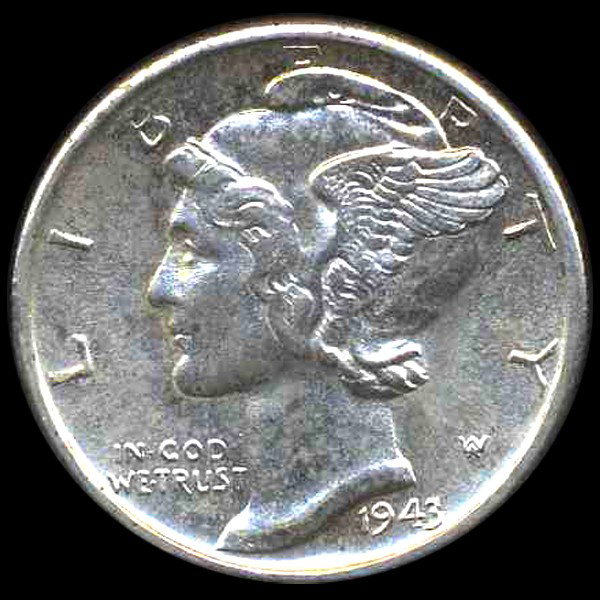 1943S Mercury Dime Choice MS65 ERROR: Scarce choice piece with dstunted "R" in LIBERTY; 0.07234 ounces silver