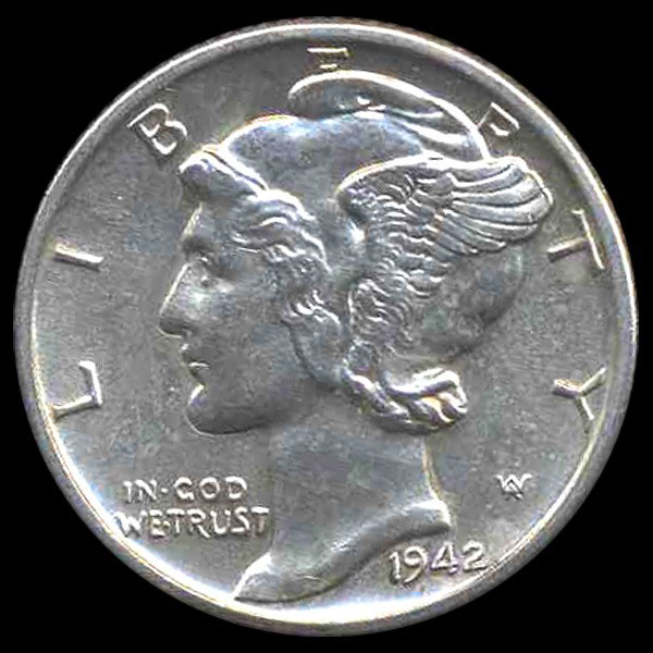 1942D Mercury Dime Gem MS66 FB ERROR: Scarce gem piece with doubled profile; 0.07234 ounces silver