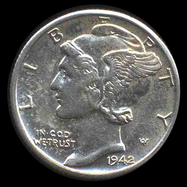 1942D Mercury Dime Choice AU ERROR: Scarce choice piece with doubled profile; 0.07234 ounces silver