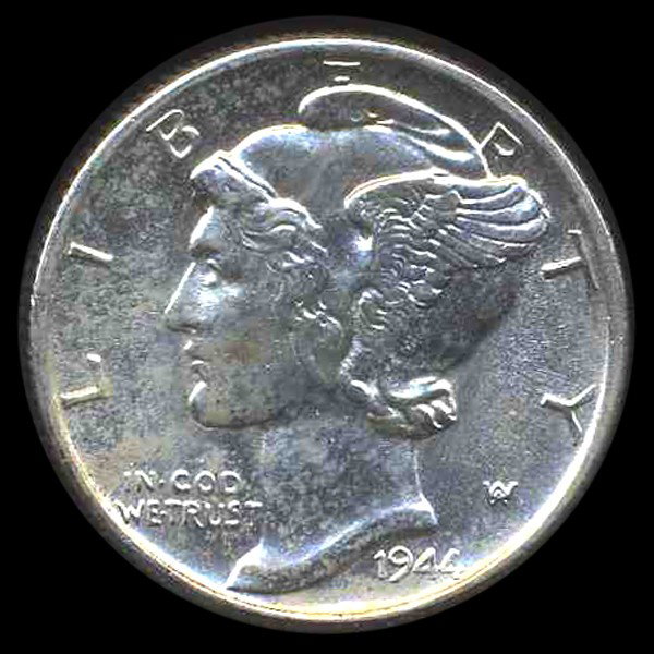1944S Mercury Dime Gem MS66+ FB ERROR: Scarce gem piece with inverted S mintmark; 0.07234 ounces silver