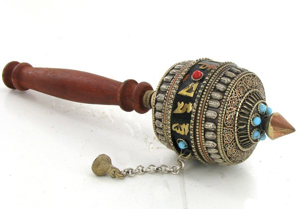 Tibet Bronze Prayer Wheel with Handle: Excellent vintage piece with handle prayer scroll remaining inside, Buddhist Monks spin these while chanting during temple prayer, semi-precious stones, 10"