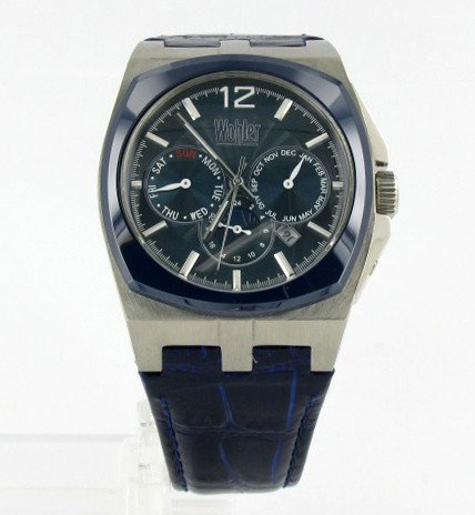 New Wohler Mens CHRONO Style Watch Retail $2295: Brand New Wohler men's stylish sport CHRONOGRAPH style watch in excellent new condition with date, 24-hour, weekday and seconds dials; stainless case, blue ceramic bezel and leather band; box and pape