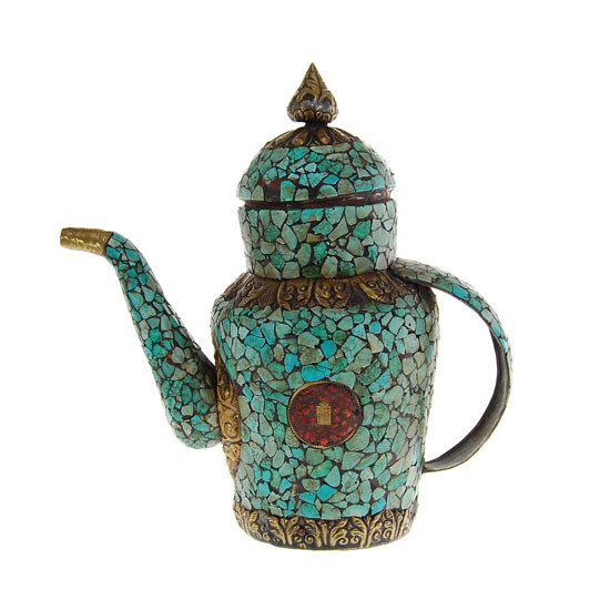 Tibet Antique Turquoise Covered Tea Pot: Excellent early 1900s antique piece, museum quality copper pot encrusted with turquoise, 10"