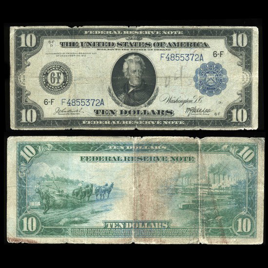 1914 US $10 Note Rare Hi Grade: Rare F/VG condition large size note; Very Rare Burke McAdoo signers; $700+ BV