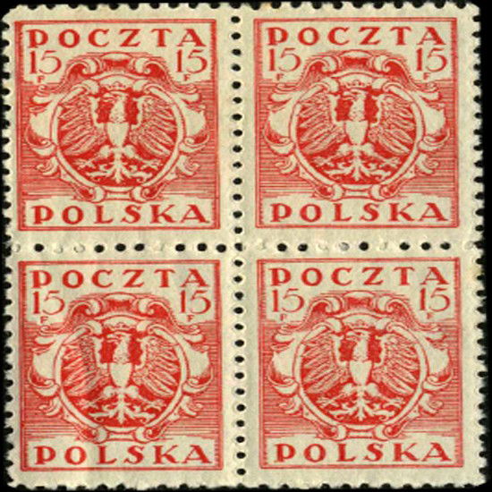 1919 Poland 15f Eagle 4 Block Variety: Mint; LH w/ 2 NH scarce mint block of 4 no hidden flaws; long & short lower jaw eagle varieties; SC-98