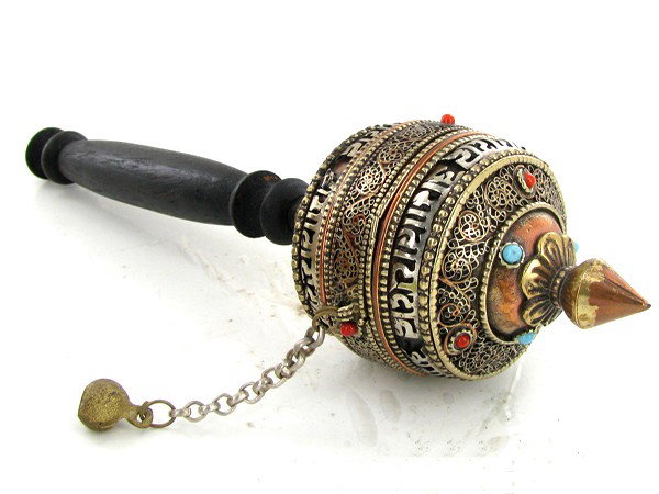 Tibet Bronze Prayer Wheel with Handle: Excellent vintage piece with handle prayer scroll remaining inside, Buddhist Monks spin these while chanting during temple prayer, semi-precious stones, 10"