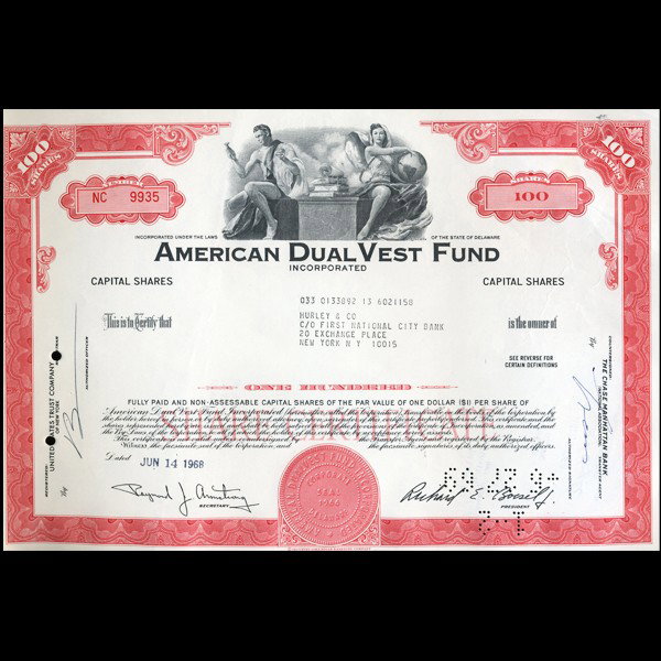 1960s Amer. Dual Vest Stock Certificate Scarce: Scarce high grade issue