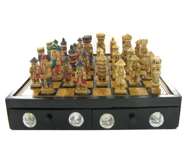 Hand Painted Marble Chess Set Wooden Box: Excellent Inlaid Marble, Brass & Mother of Pearl playing board/storage box, Yin/Yang Design, 10.5"x10.5". Playing pieces handcarved marble, largest piece 2.25".