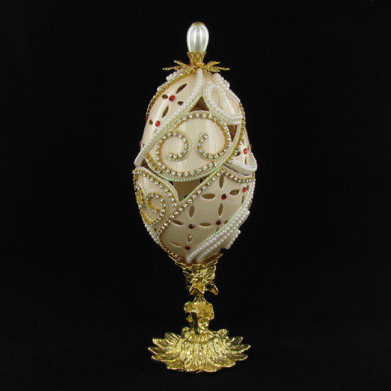 Ornate Gilded Decorated Goose Egg Jewelry Box: Excellent museum quality Faberge style; ornately hand-decorated with crystal and 24k gold plated adornments; silk lined; 6.5";