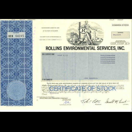 1980s Rollins Intl Stock Certif Scarce Blue: Scarce high grade issue