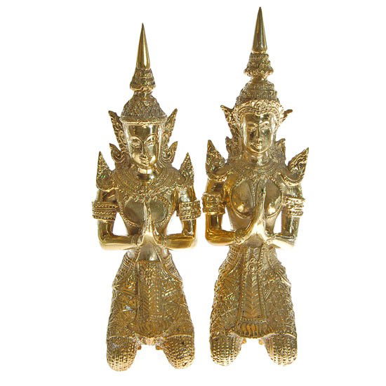 Male & Female Bronze Gilded Temple Guards: Excellent Solid bronze pair; heavily guilded; 7"
