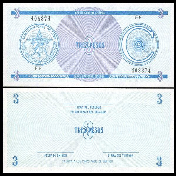 1987 Cuba 3 Peso For. Exch. Note Crisp Unc.: Scarce issue