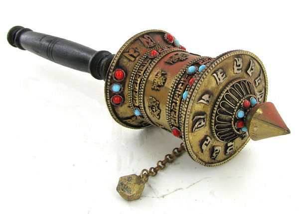 Tibet Bronze Prayer Wheel with Handle: Excellent vintage piece with handle prayer scroll remaining inside, Buddhist Monks spin these while chanting during temple prayer, semi-precious stones, 12"