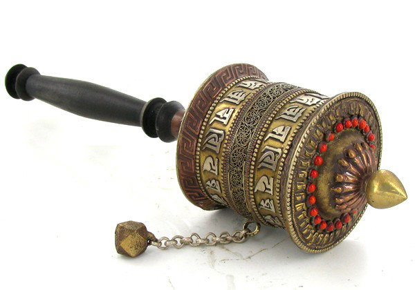 Tibet Bronze Prayer Wheel with Handle: Excellent vintage piece with handle prayer scroll remaining inside, Buddhist Monks spin these while chanting during temple prayer, semi-precious stones, 11"