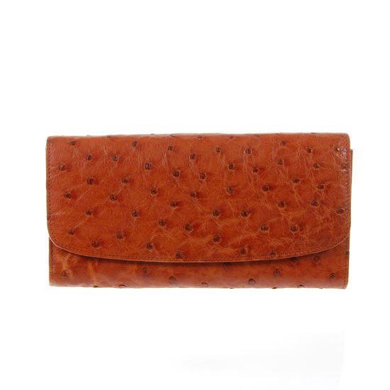 Ladies Ostrich Hide Skin Wallet: Well made; brand new ladies Ostrich hide clutch purse/wallet. 7.5" x 4" x 1" when folded. Dual inside sections; one zippered with multiple dividers and a smaller zippered section inside and one with m