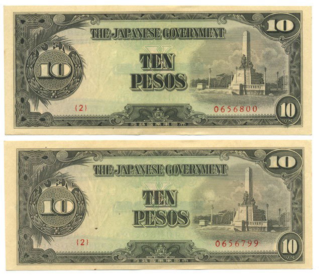 1944 WW2 Japanese Occupation 10 Pesos pair: Scarce pair of Philippines Japanese invasion money 10 peso with sequential serial numbers; crisp uncirculated condition; WW2 antique