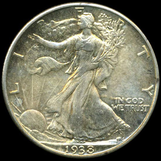 1938D Walking Lib 50c Hi Grade AU++ Great Toning: RARE date better grade AU++; $350 bv; 0.3617 ounces silver