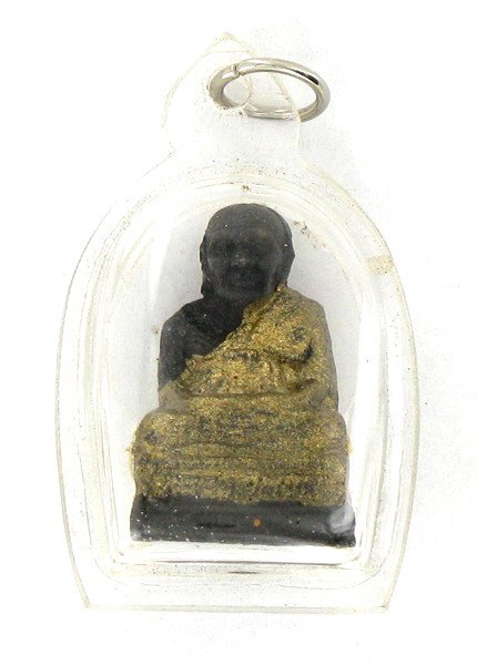 Antique Thai Clay Amulet 1980s Gilded Monk: Scarce piece in lucite case