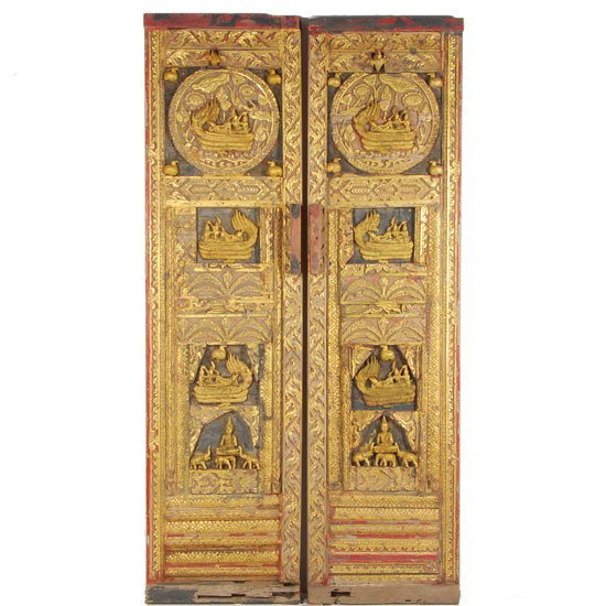 Antique Carved Teak Buddhist Temple Doors: Excellent antique early 1900s museum quality hand carved; gilded and painted ORIGINAL temple door pair from northern Thailand with huge detail; heavy - each panel weighing 90 lbs.; 23"x84"x3" each pan