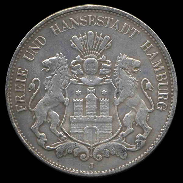 1903 Germany Hamburg 5 Mark Unc Details: Scarce issue with extreme rotated die $125+ bv; 0.8037 ounces silver