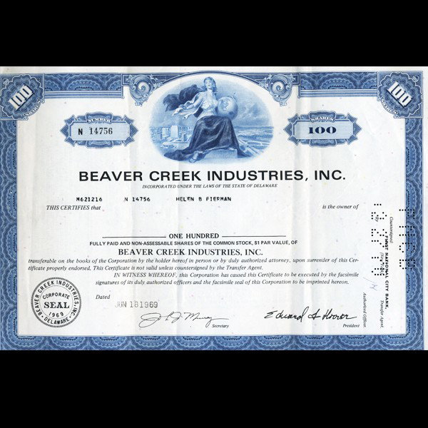 1960s Beaver Creek Stock Certificate Scarce: Scarce high grade issue