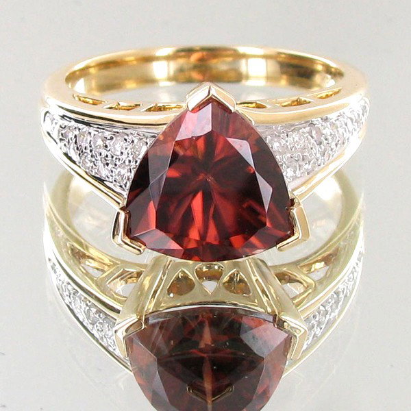 4.7ct Expresso Red Zircon Diamond 14k Ring: Custom designed and handcrafted new piece; 22 small white diamonds totalling .20ct; 29.45ct total weight; HUGE RETAIL VALUE!